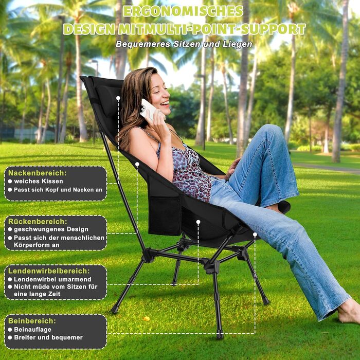 Складний туристичний стілець IEEILULU з високою спинкою, чорний. Макс. навантаження 130 кг, 2 кишені. Підходить для кемпінгу, риболовлі, пікніків та відпочинку на природі.