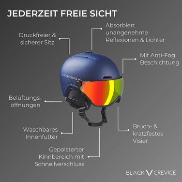Гірськолижний шолом BLACK CREVICE Davos із візором, для чоловіків і жінок, з регулюванням розміру, кріпленням для ліхтарика/окулярів, антифог, захисний чохол, чорний, S (53-55 см)