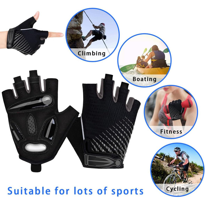 Фінґерлесс велорукавички з гелем, напівпальцеві рукавички для велоспорту, для жінок та чоловіків, дихаючі, неслизькі, для шосе, гірського велосипеда, тренувань, фітнесу, спорту (сірий, M)