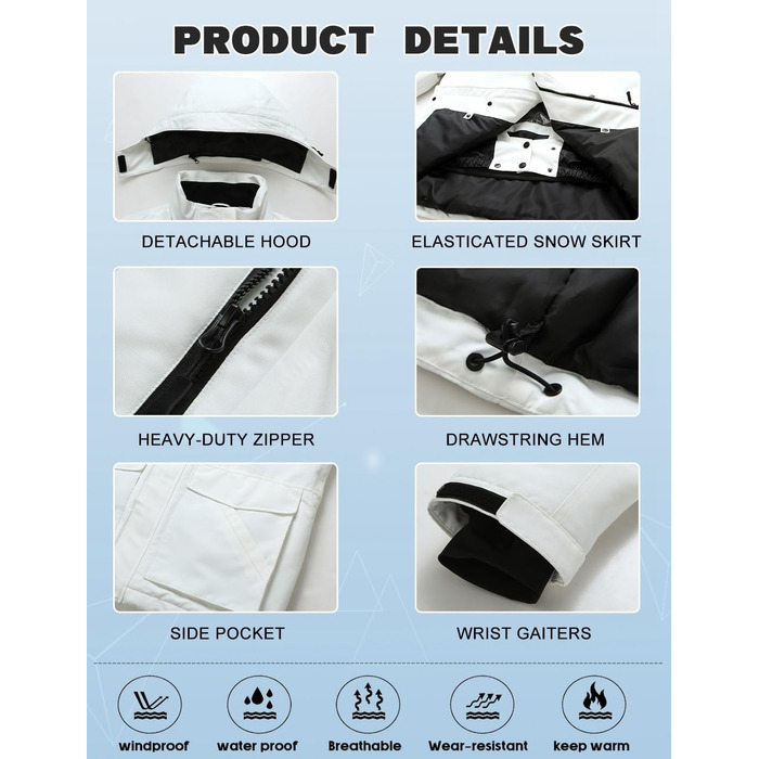 Сніговий костюм HOUZONIY для чоловіків: комплект штанів та куртки для катання на лижах та сноуборді (XL, білий+чорний)