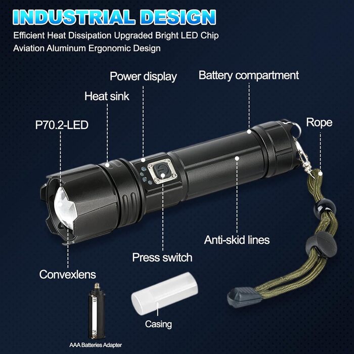 Ліхтар LED акумуляторний 500000 люмен, тактичний, потужний, IP67, водонепроникний, для кемпінгу, туризму, риболовлі, з чохлом та компасом