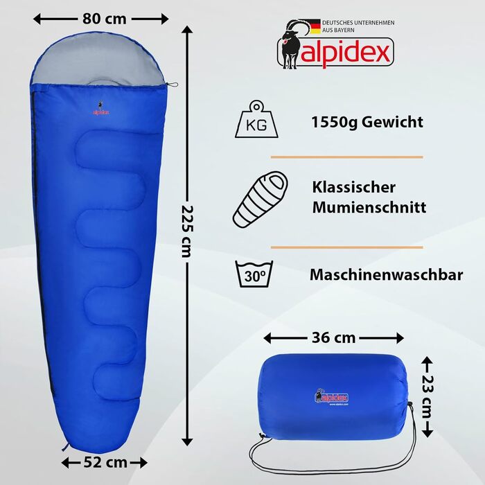 Спальний мішок ALPIDEX 4 сезони -17°C 225x80 см, ультралегкий, для кемпінгу, трекінгу, подорожей (Синій)