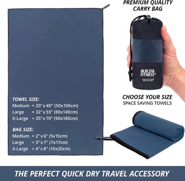 Рушник мікрофібра Build & Fitness: Швидковисихаючий, компактний, надзвичайно поглинаючий, легкий. Ідеальний для подорожей, пляжу та спорту (180x90 см, темно-синій)