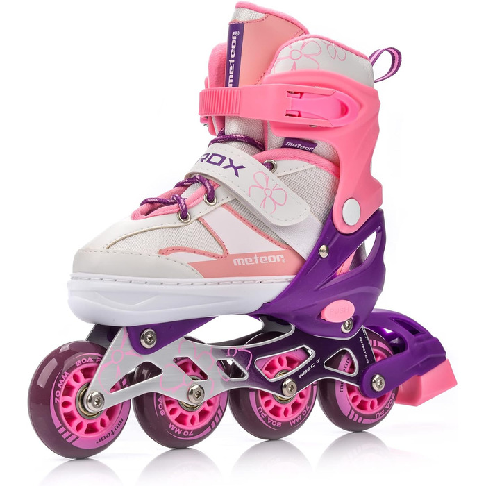 Дитячі ролики Meteor Rox з регулюванням – ролери для дівчаток та хлопчиків, ABEC-7 підшипники, PU-колеса 72 мм, 80A, алюмінієвий фрейм, розміри S30-33, M34-37, L38-41 (рожеві)