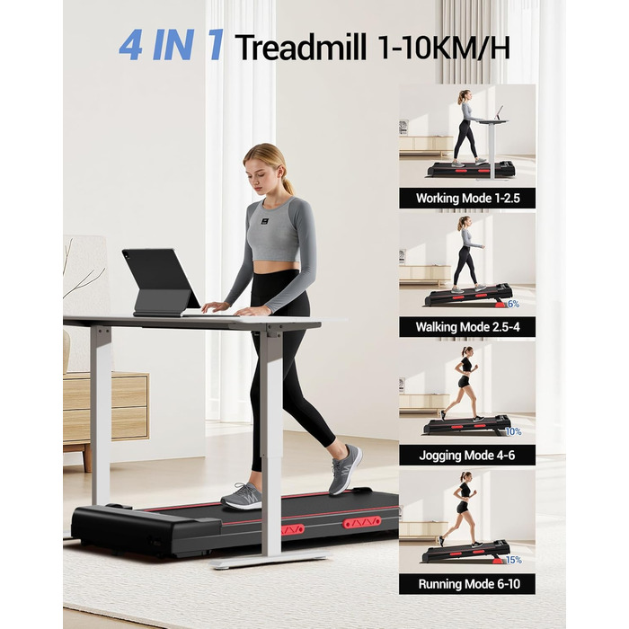 UMAY Walking Pad - біговий килимок для дому з регулюванням нахилу 15% та безшумним мотором, підтримує вагу до 136 кг