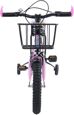 Дитячий велосипед 14 дюймів для хлопчиків та дівчаток з додатковими колесами, кошиком та заднім сидінням, регульована висота, сталевий велосипед для дітей 3-6 років, рожевий