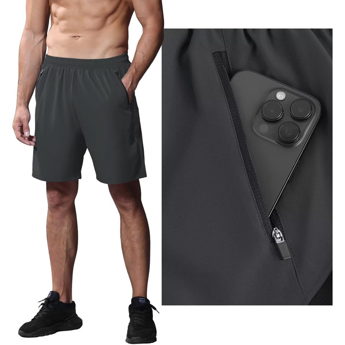 Шорти спортивні чоловічі HMIYA, дихаючі, з кишенею на блискавці, 6XL, темно-сірий