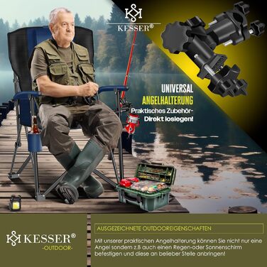 Крісло для кемпінгу KESSER® розкладне, 160 кг | Зручне рибальське крісло з підлокітниками, кишенею для напоїв та світлом | Для відпочинку на природі, пляжі, риболовлі | Navy Blue / Black