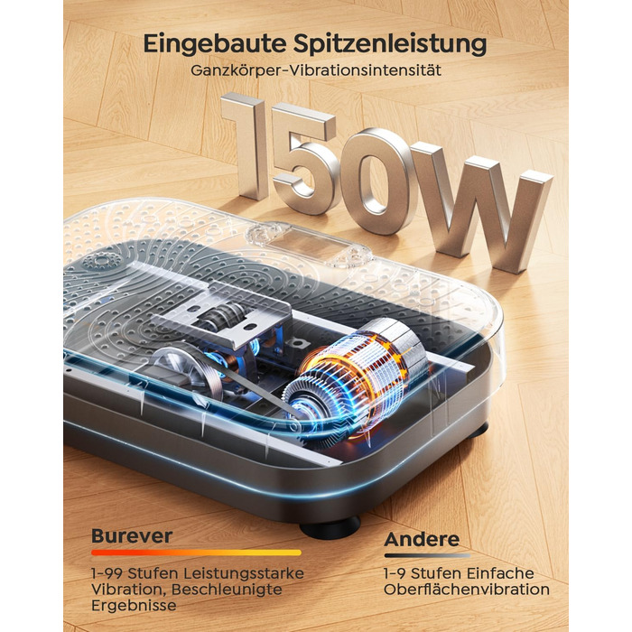 Платформа вібраційна Burever 150W з пультом, 99 рівнів інтенсивності, 5 програм, для масажу ніг, тренувань та формування м'язів