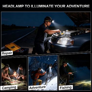 Ліхтар на лоб Spardar 120000 люменів, акумулятор 9000 mAh, регульований, 7 режимів, IPX7, для кемпінгу, полювання та бігу (білий/жовтий)