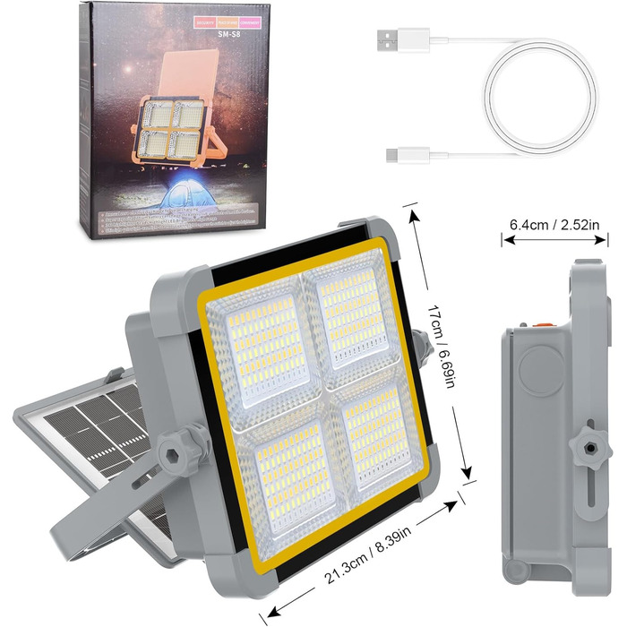 ERAY Сонячний LED прожектор 150W з акумулятором 7800mAh, 336 LED, 4 режими, 2 способи зарядки, портативний ліхтар для кемпінгу, гаража, надзвичайних ситуацій (сірий)