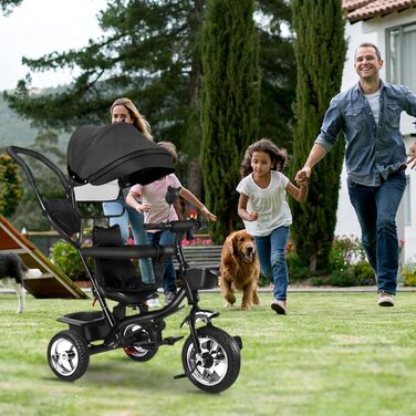 Триколісний велосипед 4-в-1 для дітей від 1 року з батьківською ручкою – чорний. Регульоване сидіння, обертовий сидіння, складна тента та кошик. До 25 кг, 1-4 роки