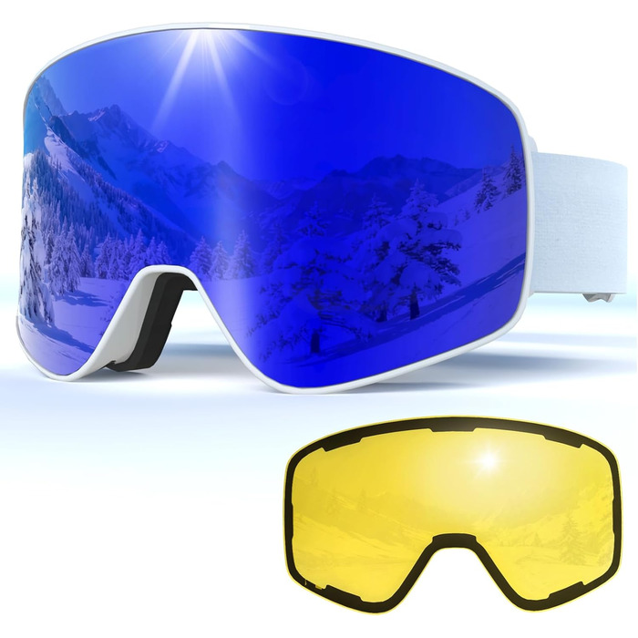 Скі-маска VCOROS з змінним склом, унісекс, захист від UV, проти запотівання, регульований ремінь, сноуборд маска 02-срібло/білий + лінза (VLT13 %) (05-REVO синій/білий + лінза (VLT19 %))