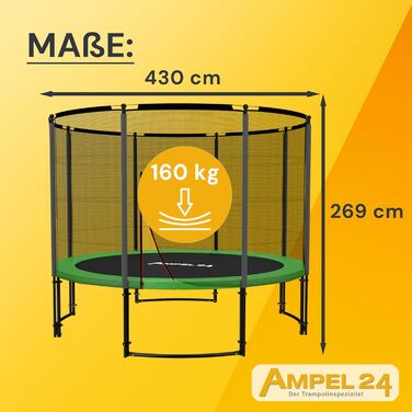 Трамплін Ampel 24 Outdoor Ø 305/366/430 см з сертифікатом GS, для дітей, повний комплект з захисним бордюром та сіткою, преміум-рама з чорним порошковим покриттям
