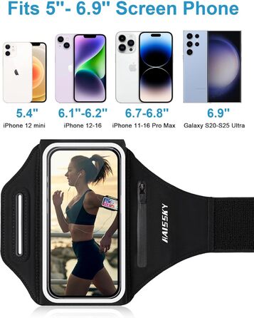 Спортивний браслет для телефону: фіксатор для бігу, чорний, на 6.9 дюйми, з кишенею для навушників (iPhone, Galaxy)