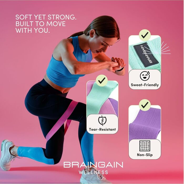 BRAINGAIN Набір гумових еспандерів для фітнесу з сумкою - 3 рівні опору для сідниць, стегон та ніг. Еспандери для йоги, пілатесу та силових тренувань вдома.