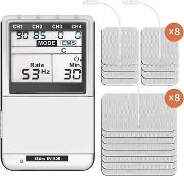 iStim EV-805 TENS EMS: 4-канальний апарат для електростимуляції та масажу - зняття болю в спині, шиї, плечах, ногах. Комплект з 16 електродів та батарейками AA