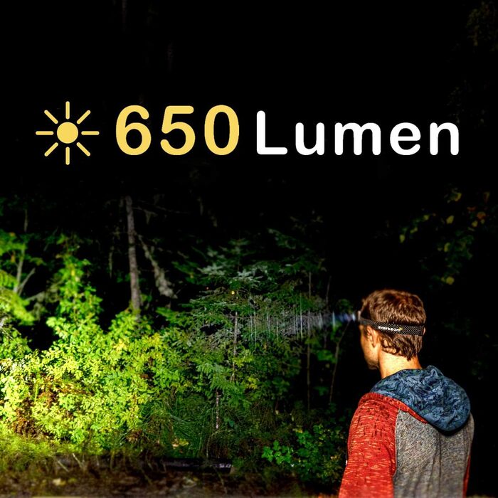 Everbeam H6 Pro LED-налобний ліхтар з датчиком руху, 650 люмен, 20 годин роботи, акумулятор 1200 mAh, перезаряджається, водонепроникний, USB (1 шт.)