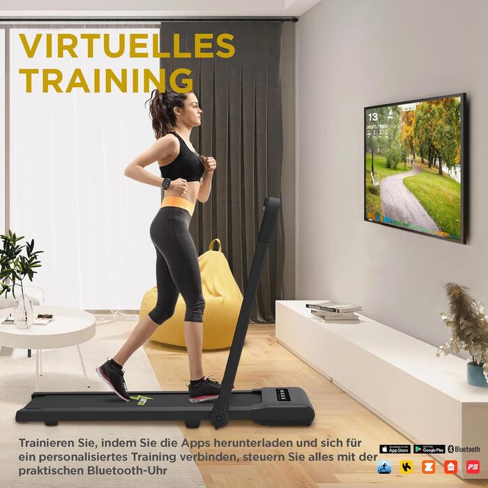 Електричний біговий тренажер ArtGo GIOTTO 2-в-1 з App KINOMAP/ZWIFT/BITGYM, Bluetooth, 6 програм, 1.5 PS (3 HP пік), легкий, компактний, білий/чорний