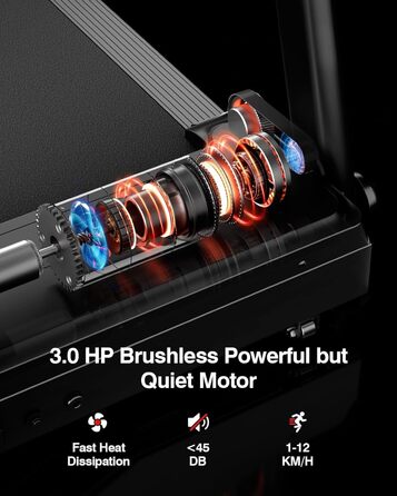 Біговий тренажер UMAY для дому, складаний, 12 км/год, 2.5PS/1800W, монітор серцевого ритму, Bluetooth, 12 програм, чорний