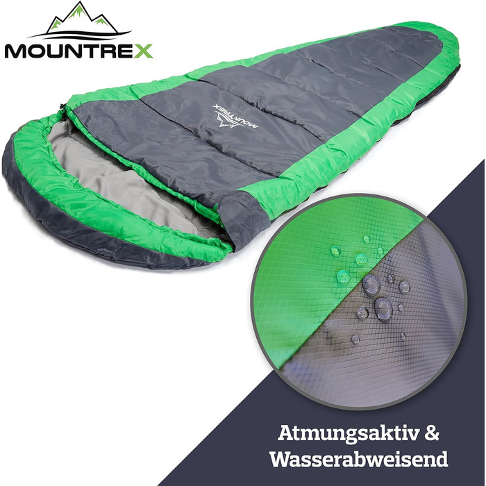 Сплячий мішок MOUNTREX® – ультралегкий та компактний (850г) – для відпочинку на природі, літній спальний мішок, мумієподібний (205x75 см) – малий об'єм при згортанні, легкий – для підлітків та дорослих + подарунок: надувне зелене подушечка для подорожей