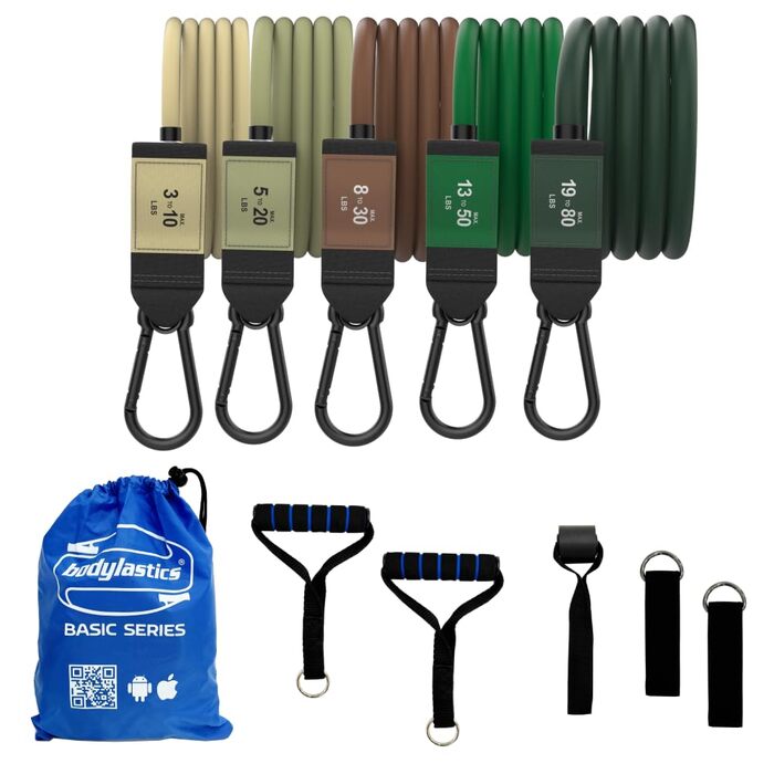 Набір еластичних стрічок Bodylastics для фітнесу - 4.5-90.7 кг, з ручками, фіксаторами для ніг та дверною фіксацією