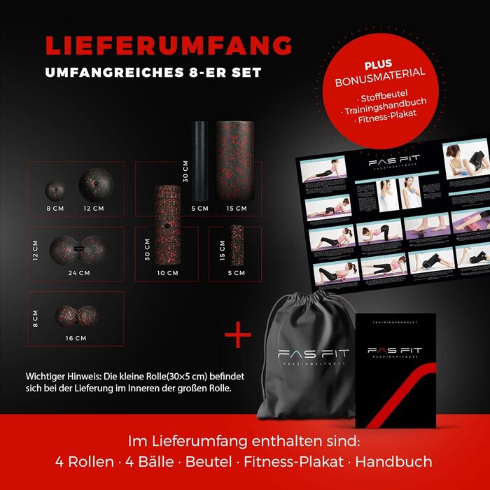 Ролик для фасції Fas Fit - масажний ролик та м'ячі для фасцій - ролик для ефективних тренувань фасцій. В комплекті: постер, посібник вправ, електронна книга та мішок для тренувань 8 шт. чорний/червоний