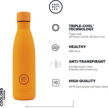 Термобутилка Cool Bottles з нержавіючої сталі 750 мл, яскраво-помаранчева, збереження холоду 36 годин, тепла 18 годин, технологія Triple-Cool, BPA Free