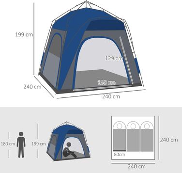 Намет Outsunny Pop-Up для 3 осіб, блакитний: кемпінговий, сімейний з UV 50+ захистом, водонепроникність 1000 мм