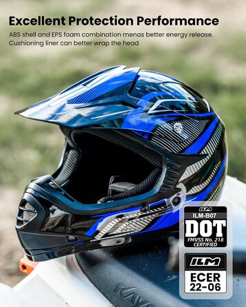 Дитячий мотоциклетний шолом ILM Motocross з окулярами та рукавичками, ECE сертифікований (S, Синій/Срібний)