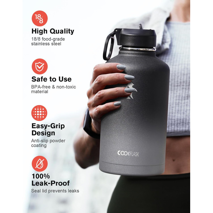 Термос-бутилка Coolflask 2 л з трубочкою і 3 кришками, ізольована спортивна пляшка з нержавіючої сталі, подвійний захист від протікання, чорна і сіра для спорту чи офісу