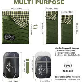 Спальний мішок для двох дорослих та дітей, XL Queen Size, для кемпінгу та походів, універсальний, легкий, водонепроникний, з компресійним мішком, чорний/зелений
