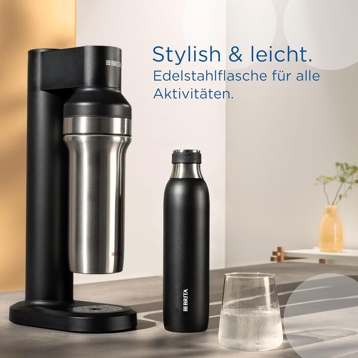 Пляшка BRITA з нержавіючої сталі чорна для газування води sodaTRIO 0,65 л – ізольована, подвійна стінка, преміум-якість, силіконове кільце, протиковзка, компактна, чорна