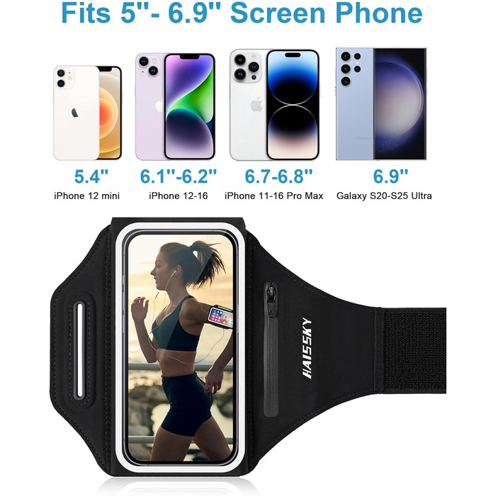 Спортивний браслет для телефону: фіксатор для бігу, чорний, на 6.9 дюйми, з кишенею для навушників (iPhone, Galaxy)
