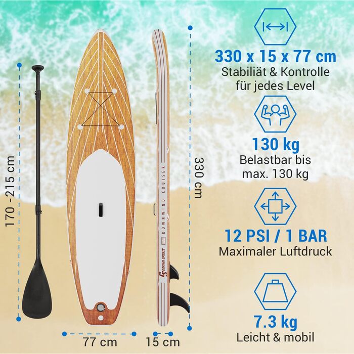 Надувна SUP-дошка CAPITAL SPORTS 9'8, комплект: алюмінієве весло, помпа, сумка, аксесуари, для плавання стоячи, сіро-біла, макс. вага 95 кг