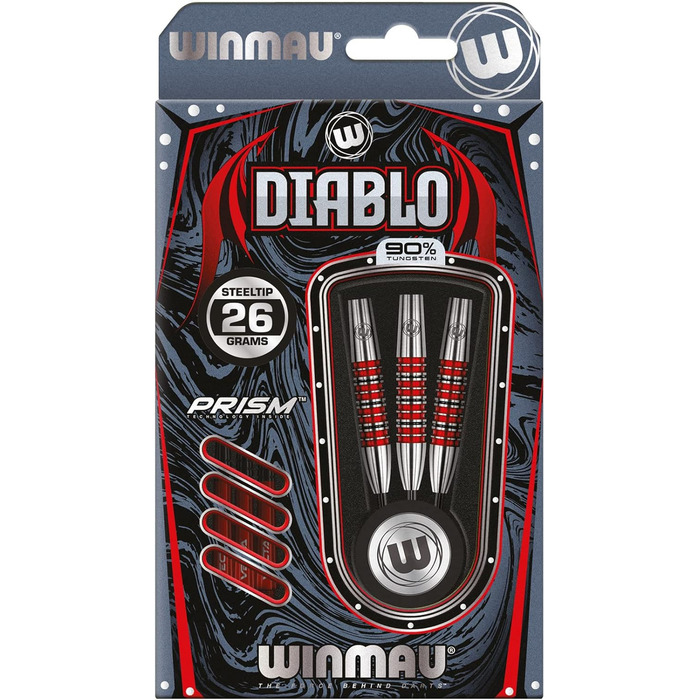 Дротики для дартсу WINMAU Diablo 26 г, сталева вістря, вольфрам, з оперенням та стержнями, професійні