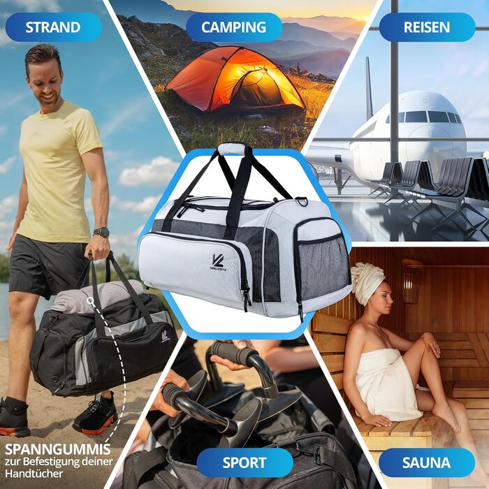 Спортивна сумка V® з відділенням для взуття, мокрою білизною та ізольованим холодильним відсіком. Сумка для сауни, подорожей, спортзалу, фітнесу, плавання. Чорний-сірий, чорно-сріблястий (XL, сріблясто-карбоновий)