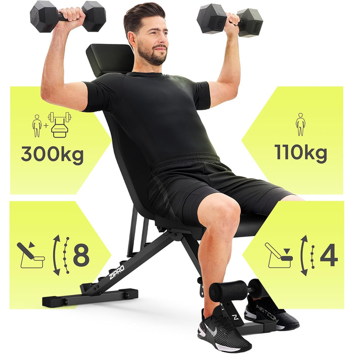 Спортивна лава ZIPRO для дому: 7 положень, навантаження до 300 кг, тренажер для пресу та спини, чорний колір