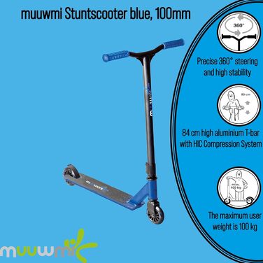 Трюковий самокат muuwmi Freestyle, 100 мм, ABEC 7, підсилене кермо, 360° обертання, 82,5 см, чорний-синій