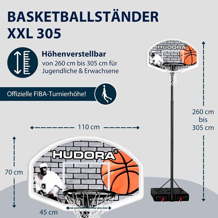 Баскетбольна стійка HUDORA XXL 260-305 см, мобільний баскетбольний кошик для вулиці з регулюванням висоти, на колесах, для дітей, підлітків і дорослих