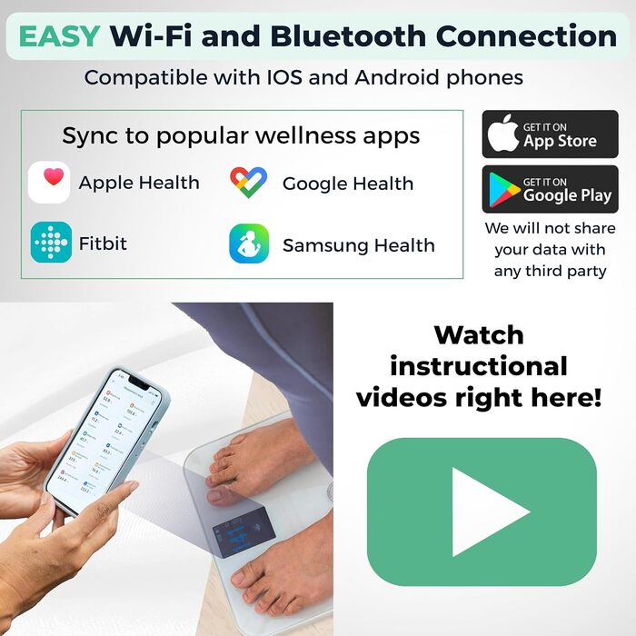 Розумні ваги Body Smart: Bluetooth/Wi-Fi, вага, жир, BMI, м'язи, вага немовляти, TFT-LCD, до 180 кг, чорні