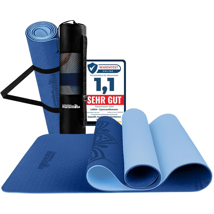 Килимок для гімнастики та йоги LA MENTE ES MARAVILLOSA з неслизькою поверхнею, сумкою та електронною книгою для занять фітнесом, пілатесом та воркаутом. Розмір 183x61 см, колір: блакитний мандала + блакитний