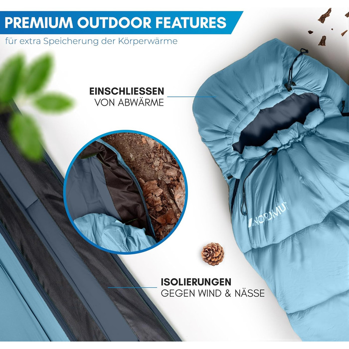 Сплячий мішок NORDMUT® Winter -10°C до 0°C, компресійний, для кемпінгу та трекінгу, 1.8 кг, водовідштовхувальний, 350 GSM (Блакитний)