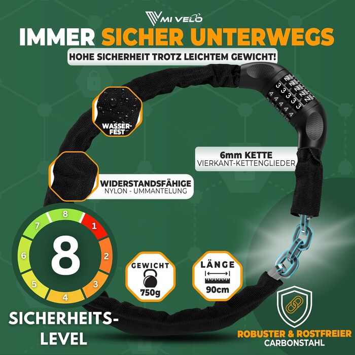 Замок для велосипеда MIVELO Kettenschloss - висока безпека, 90 см, з кодовим замком (PIN)