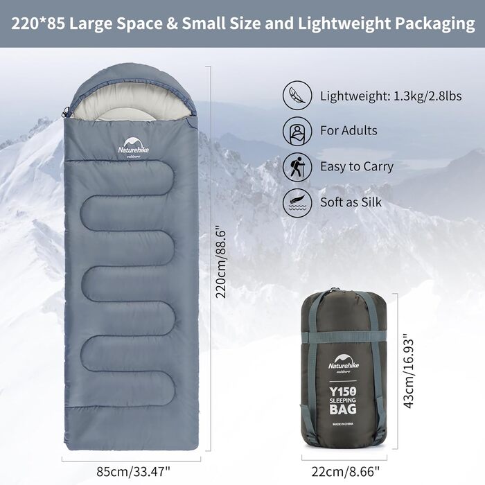 Спальний мішок Naturehike з капюшоном для кемпінгу, легкий та зручний, ідеальний для відпочинку на природі та подорожей, колір блакитний (7~11°C)