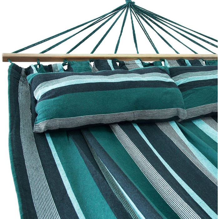 Гамак yourGEAR Kauai XXL 240x160 см з подушкою, бавовна, до 300 кг, смарагдовий/аква, для двох осіб, з кріпленням, сертифікат TÜV