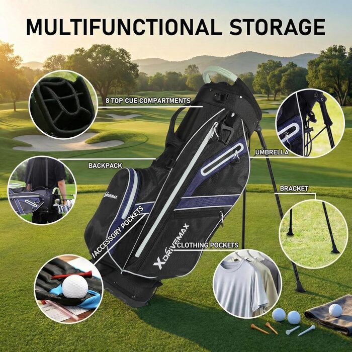 Легка сумка для гольфу Standbag з 8 відділеннями для чоловіків та жінок, преміум-якість, з дощовим чохлом та набором аксесуарів (Блакитна)