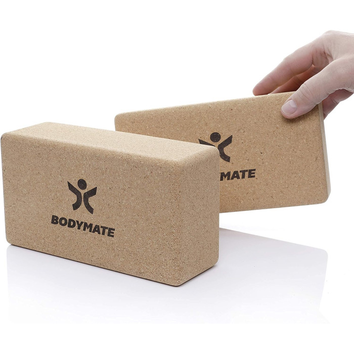Набір йога-блоків з натурального корка BODYMATE (2 шт), екологічні блоки для йоги, пілатесу та медитації, 22 x 12 x 7,5 см
