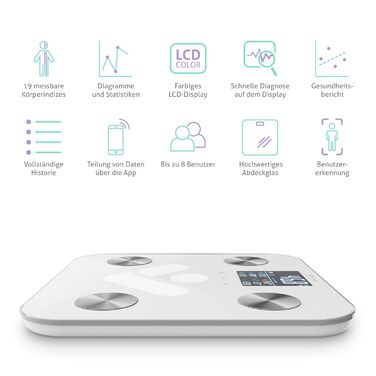 TrueLife FitScale W6 Bluetooth ваги з аналізом імпедансу, 19 показників тіла, LCD-дисплей, 8 користувачів, білий
