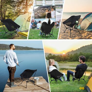 Складний туристичний стільчик для кемпінгу, Ultraleicht, регульована висота, з кишенями, компактний, для пікніків, риболовлі, саду, походів, спорту, відпочинку на природі, чорний